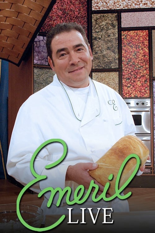A smiling chef in a white coat holds a loaf of bread, standing before a rustic kitchen backdrop. The warm lighting and earthy tones create a cozy, inviting atmosphere. The green "Emeril Live" text adds a playful touch, suggesting a fun and engaging cooking show.