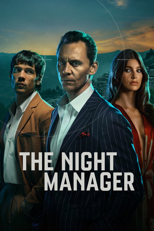 The poster features three characters in dramatic poses against a twilight backdrop. The central figure in a sharp suit commands attention, while the man on the left wears a casual jacket and the woman on the right sports a revealing top. The muted colors of the background suggest mystery and intr...
