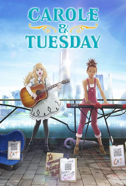 This vibrant poster features two animated characters, Carol and Tuesday, playing instruments against a bright blue sky. The cheerful, colorful design captures a lively, musical atmosphere, evoking a sense of fun and creativity.