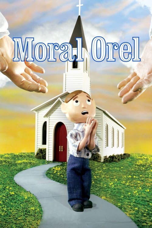 The poster features a young boy with a determined expression standing in front of a white church with a tall steeple. Two hands reach out from the sides, suggesting a plea or invitation. The sky is painted in warm tones of orange and yellow, evoking a hopeful and uplifting mood. The title "Moral ...