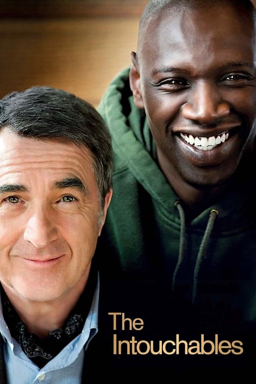 The poster features two smiling men against a warm, blurred background. The man on the left wears a light blue shirt, while the man on the right dons a dark green hoodie. The title "The Intouchables" is elegantly displayed in gold lettering at the bottom. The overall mood is warm and inviting, su...