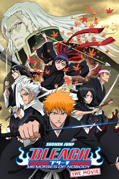 The poster features a dynamic scene with multiple characters in action poses, set against a dramatic backdrop of autumnal colors and swirling energy. The central figure, with spiky orange hair, stands prominently, while others in dark attire surround him, suggesting a group of powerful allies. Th...