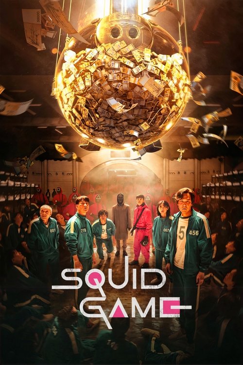 The poster features a dramatic scene with a large, golden, spherical object hanging from the ceiling, surrounded by floating money and debris. In the foreground, a group of characters dressed in green and blue uniforms stand confidently, exuding confidence and determination. The warm lighting and...