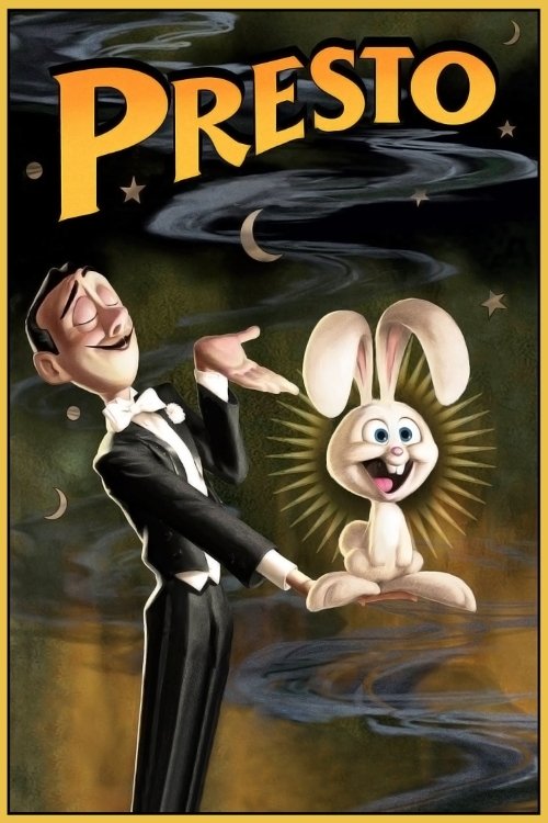 The poster features a man in a tuxedo and a rabbit-like character with a radiant halo, set against a starry night sky. The warm colors and whimsical design evoke a magical, dreamlike atmosphere.