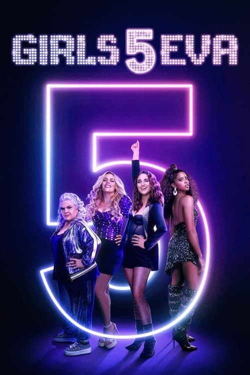 The poster features four women in stylish, neon-lit outfits against a glowing "5" backdrop. Purple and blue hues create a vibrant, energetic atmosphere. The mood is playful and youthful, capturing the essence of a fun, modern dance show.
