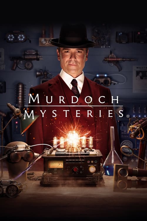 The poster features a mysterious man in a red suit and black hat, surrounded by vintage scientific equipment and glowing lab instruments. The warm lighting and dark background create an eerie, suspenseful mood, hinting at the thrilling mysteries of the show.