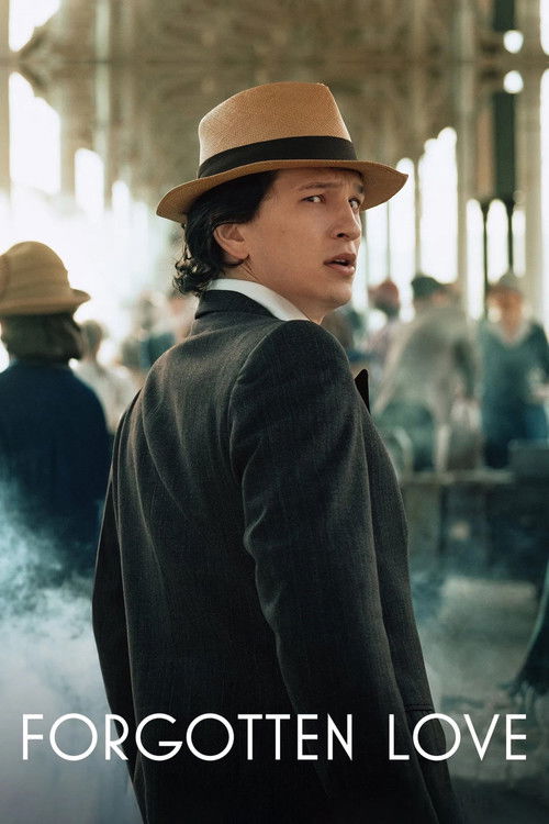 The poster features a man in a brown hat and dark coat, looking back over his shoulder with a contemplative expression. The background is softly blurred, showing other figures in similar attire, suggesting a historical setting. The muted tones and soft lighting evoke a nostalgic and slightly mela...