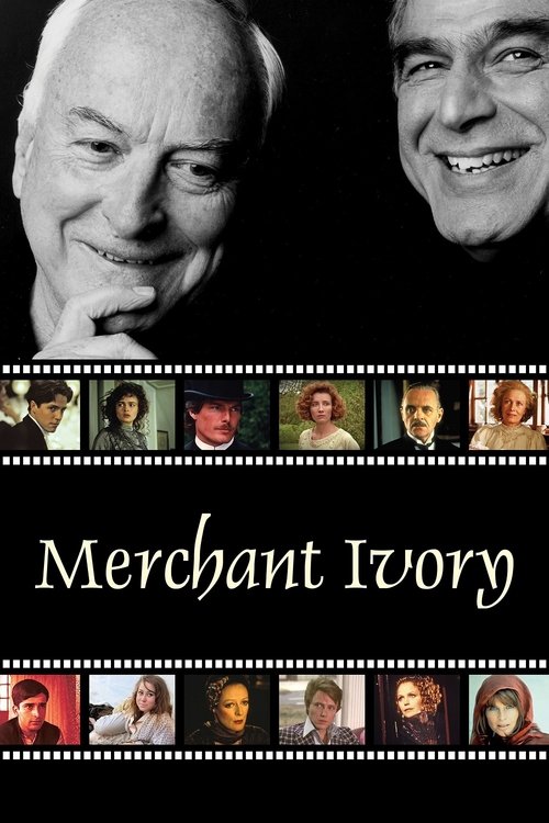 The poster features two smiling men in black-and-white, evoking a classic Hollywood feel. The film's title, "Merchant Ivory," is elegantly displayed in white script against a dark background. The film's title is elegantly displayed in white script against a dark background.