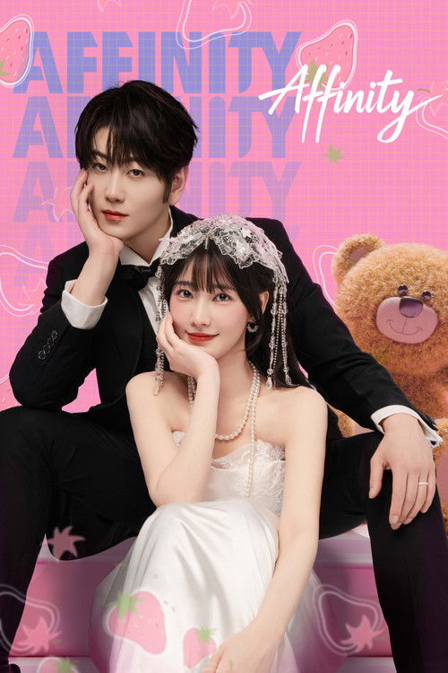 A couple in formal attire sits on a pink cushion, surrounded by plush toys. The poster features bold pink and white colors with the "Affinity" logo prominently displayed. The mood is playful and romantic, capturing a moment of intimacy between two individuals.