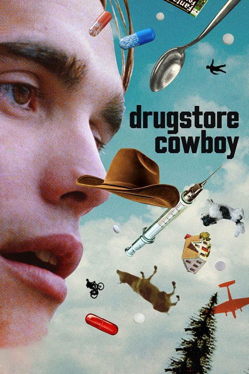 This movie poster features a close-up of a man's face, with a cowboy hat floating above him. The background is filled with colorful objects like a spoon, a gun, and a tree, creating a surreal and chaotic atmosphere. The overall mood is adventurous and slightly humorous, suggesting a blend of acti...