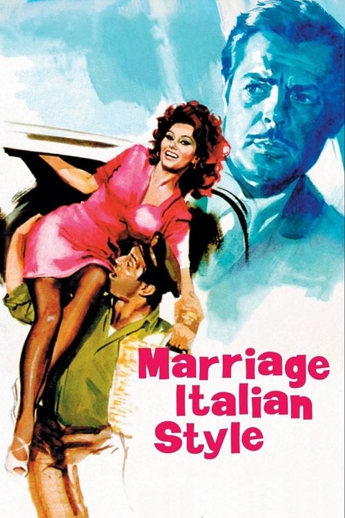 This movie poster features a dramatic scene with a woman in a pink dress being carried by a man, while a man in a suit gazes over from the background. The colors are vibrant, with blues and greens dominating the image, creating a sense of adventure and romance. The title "Marriage Italian Style" ...