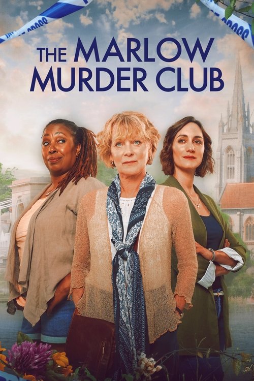 The poster features three women in a vintage setting, exuding mystery and intrigue. The muted tones of the background and clothing blend with the warm, earthy colors of the foreground flowers, creating a nostalgic atmosphere. The title "The Marlow Murder Club" is prominently displayed in bold, da...