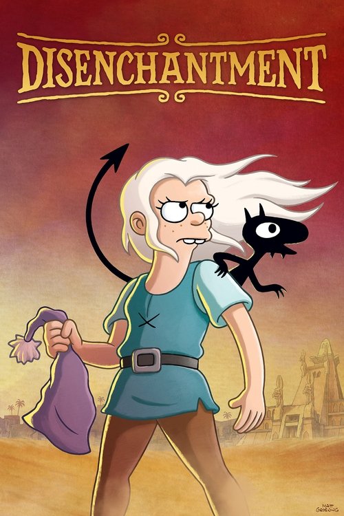 The poster features a young woman with white hair and glasses, holding a purple cloth, standing against a warm sunset backdrop. A black cat perches on her shoulder, adding a playful touch. The title "DISENCHANTMENT" is prominently displayed at the top in bold, golden letters. The overall mood is ...