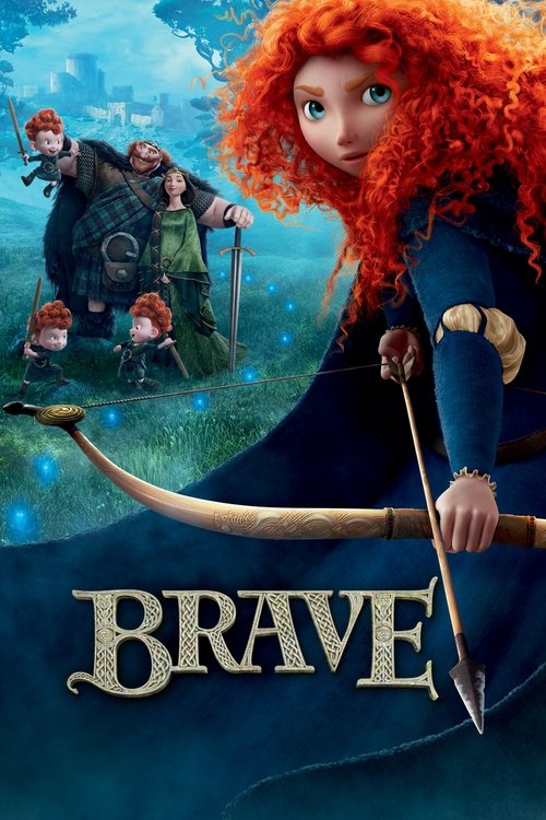 The poster features a vibrant red-haired girl with a bow, surrounded by whimsical figures in colorful costumes. The deep blue background and golden title "BRAVE" evoke a magical, adventurous mood.