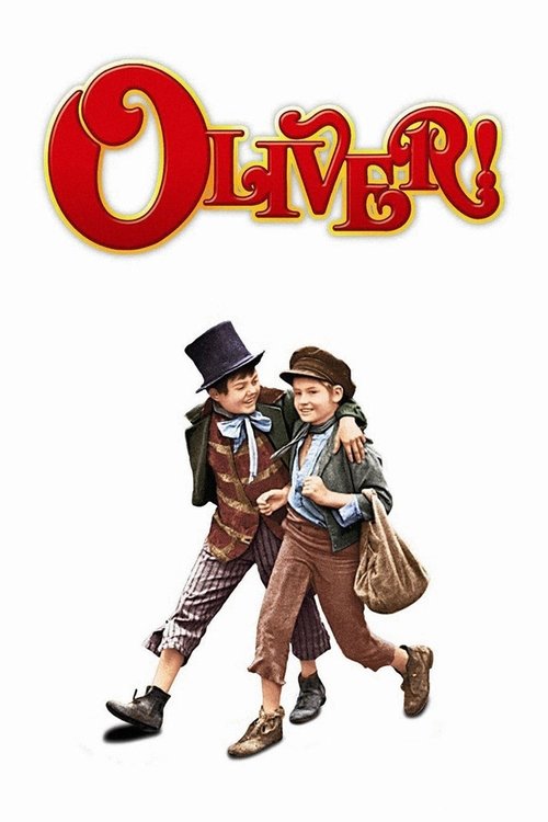 The poster features two men in period attire, one in a top hat and the other in a bowler hat, walking side by side against a stark white background. The title "OLIVER!" is prominently displayed in bold, red, serif lettering with a playful, cartoonish font. The overall mood is whimsical and nostal...