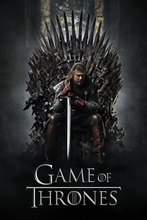 The poster features a central figure seated on the Iron Throne, exuding power and authority. The dark, moody atmosphere with muted tones and shadowy figures in the background create a sense of mystery and tension. The title "Game of Thrones" is prominently displayed at the bottom, emphasizing the...