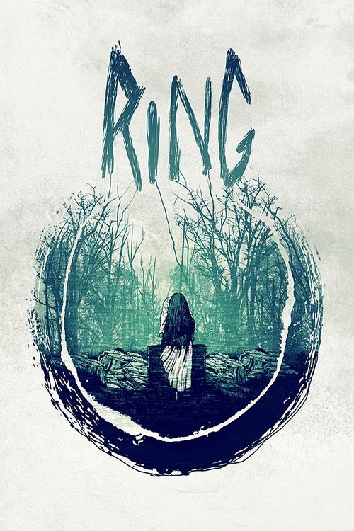 The poster features a haunting figure standing in a misty forest, surrounded by bare trees and swirling blue-green hues. The title "RING" is prominently displayed at the top in a gothic font, evoking a sense of mystery and danger.