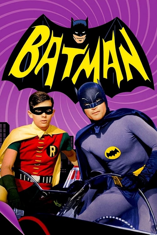 This vibrant poster features two iconic Batman characters in dynamic poses against a swirling purple background. The bold yellow "BATMAN" title dominates the top, while the red and black costumes of Robin and Batman add rich color contrast. The mood is energetic and adventurous, capturing the ess...