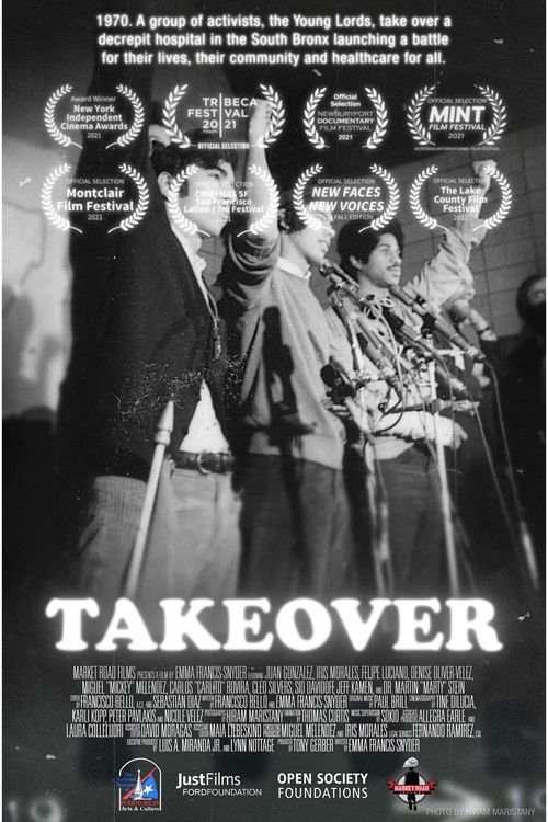 The poster features a group of musicians on stage, illuminated by warm stage lighting against a dark background. The title "TAKEOVER" is prominently displayed in bold white letters. The overall mood is energetic and celebratory, suggesting a musical performance or concert.