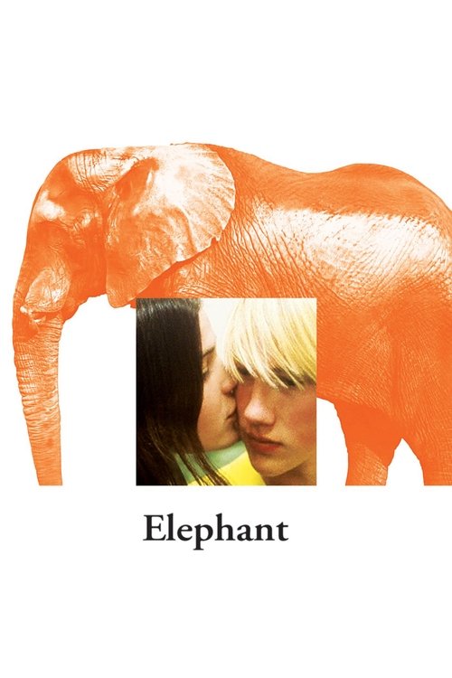 This vibrant poster features a large orange elephant with a warm, dreamy atmosphere. A small inset shows a tender moment between two people, one with blonde hair and the other with dark hair, suggesting a heartwarming narrative. The bold title "Elephant" anchors the design, evoking themes of frie...