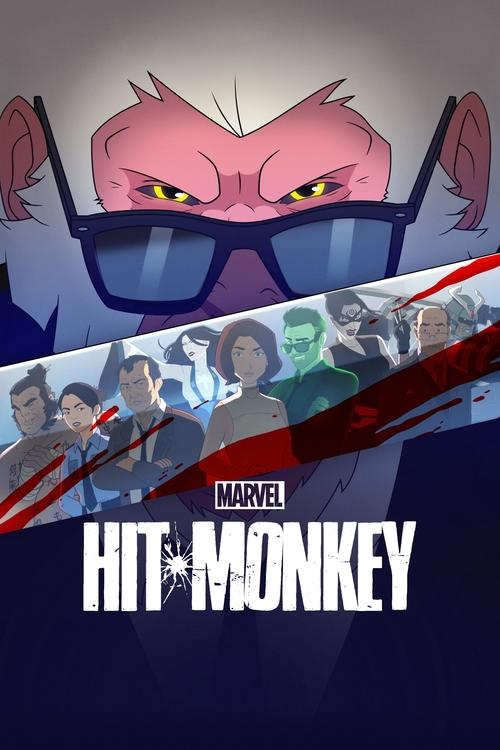 This poster features a menacing pink monkey wearing sunglasses, with a group of diverse characters below. The vibrant red and white diagonal stripes add dynamic energy, while the bold title "Hit-Monkey" dominates the bottom. The overall mood is intense and action-packed.