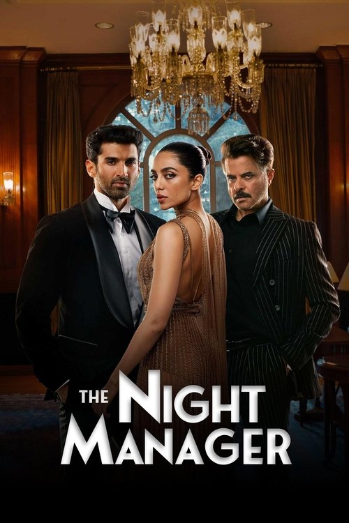 The poster features three men in formal attire, exuding mystery and authority. The warm, dimly lit room with elegant chandeliers and dark curtains creates an atmospheric, suspenseful mood. The title "The Night Manager" is prominently displayed in bold, white lettering, emphasizing the show's intr...