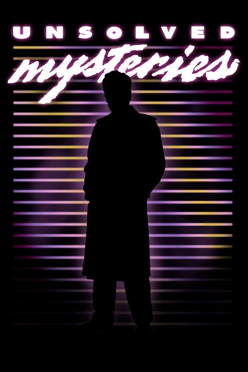 A silhouette stands against a backdrop of neon purple and yellow horizontal lines, evoking a mysterious atmosphere. The title "Unsolved Mysteries" glows in bold, glowing text above the figure.