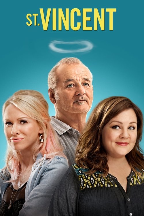 The poster features three women in a vibrant teal background, with a halo above them. The mood is warm and inviting, suggesting a family drama or comedy. The title "St. Vincent" is prominently displayed in bold yellow letters, emphasizing the film's name.