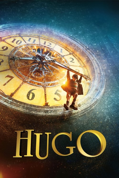 The poster features a young boy holding a giant clock, set against a starry night sky. The warm golden glow contrasts with the deep blue background, creating a mysterious and hopeful atmosphere. The title "HUGO" is prominently displayed in bold, golden letters at the bottom.