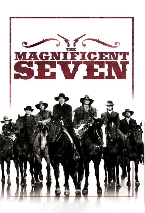 This poster features silhouettes of seven men in cowboy hats riding horses against a stark white background, evoking a rugged, historical Western atmosphere. The bold red title "The Magnificent Seven" dominates the top, while the reflective floor beneath adds depth to the composition.