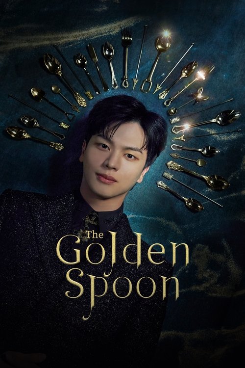 The Golden Spoon poster features a young man with a serene expression, surrounded by floating golden spoons against a dark, mystical background. The deep blue and gold color scheme evoke a sense of magic and elegance, while the title prominently displayed at the bottom adds to the enchanting atmo...