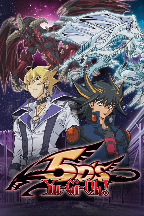 The poster features two characters in dramatic poses against a starry, cosmic background. A majestic dragon looms in the upper left, while a glowing, ethereal creature dominates the right side. The title "Yu-Gi-Oh! 5D's" is prominently displayed in bold, metallic lettering at the bottom. The over...
