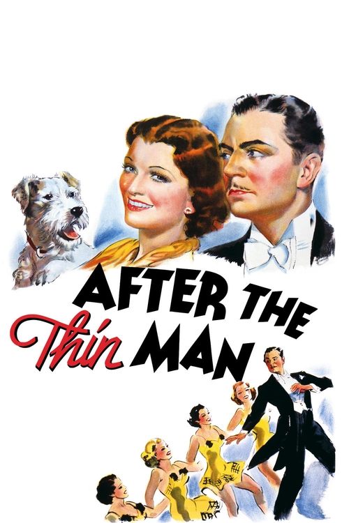 This vintage movie poster features a glamorous couple in the center, with a dog and a man in a suit framing the scene. The title "After the Thin Man" is prominently displayed in bold, stylized lettering. The overall mood is romantic and classic, evoking the golden age of cinema.