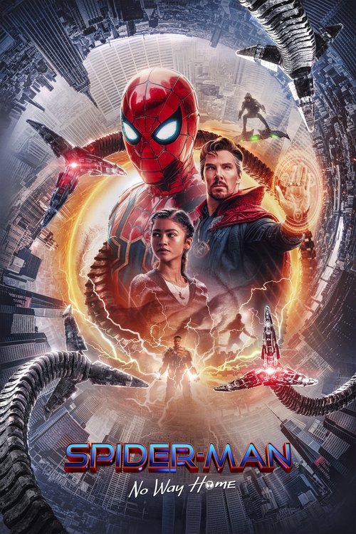 The poster features Spider-Man, Miles Morales, and other characters in a dynamic scene. The vibrant colors of red, blue, and orange create a sense of action and energy. The mood is intense and adventurous, with lightning and futuristic elements enhancing the thrilling atmosphere.