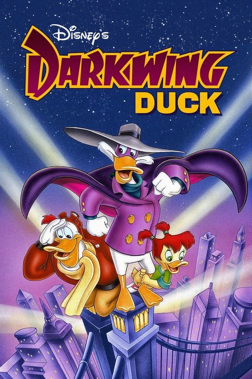 The poster features Disney's Darkwing Duck, a menacing pirate with a mischievous grin, standing atop a castle. He wears a purple suit with a feathered hat, while a small red-haired girl and a yellow dog look on with curiosity. The dark, starry background contrasts with the vibrant purple hues, cr...