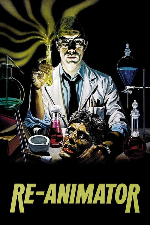 This movie poster features a man in a lab coat holding a glowing green object, surrounded by various scientific apparatus and laboratory equipment. The dark background with yellow and green hues creates a mysterious and eerie atmosphere. The title "RE-ANIMATOR" is prominently displayed at the bot...