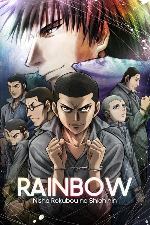 The poster features a dramatic anime-style scene with a central male character in a gray hoodie, surrounded by other characters in various poses. Vibrant colors like purple, blue, and green create a dynamic atmosphere, while the bold title "RAINBOW" and Japanese subtitle "Nisha Rakuubou no Shichi...