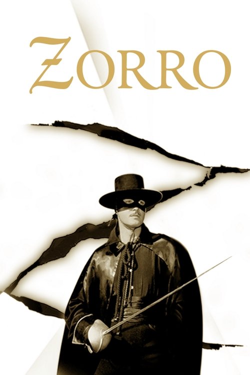 The poster features a masked man in a black hat and coat, holding a sword against a stark white background. Dramatic black brushstrokes add a sense of motion and mystery. The title "ZORRO" is prominently displayed in gold lettering, evoking a classic Western feel.