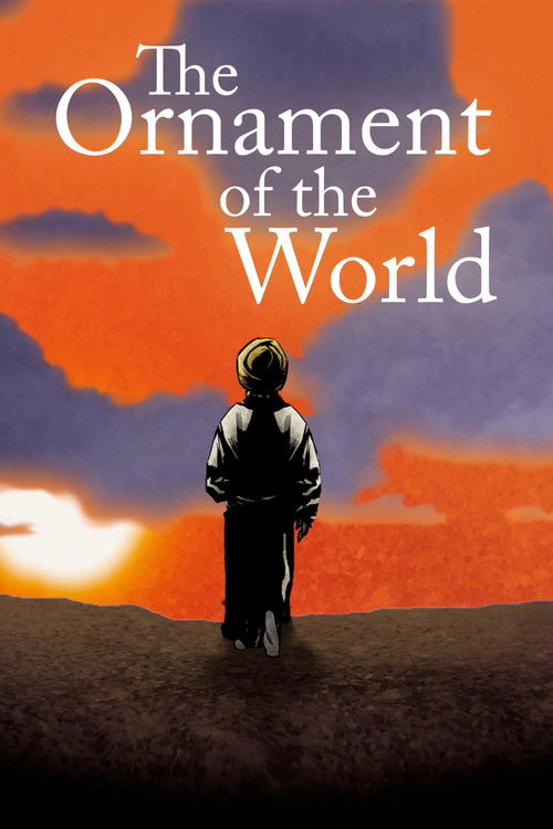The poster features a lone figure standing on a flat, dark landscape against a dramatic sunset. The warm orange and purple hues create a sense of vastness and mystery, while the title "The Ornament of the World" is elegantly displayed in white serif font. The mood evokes introspection and a sense...
