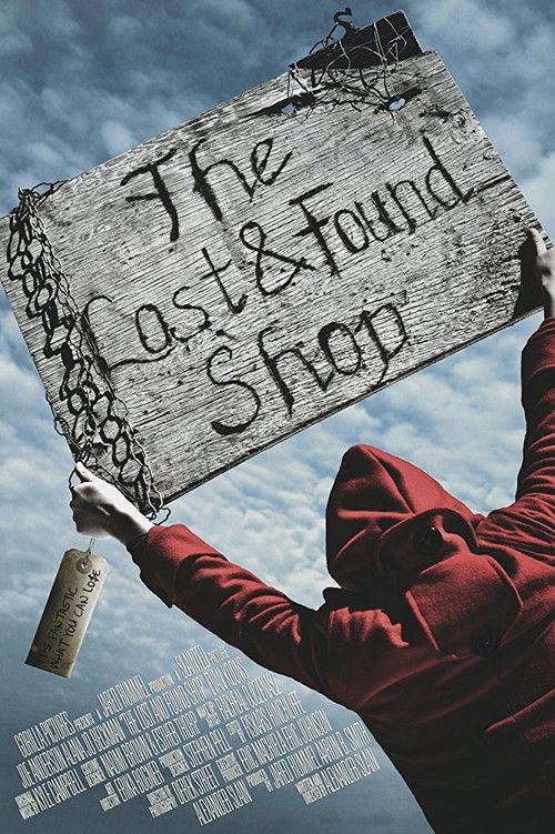 A hooded figure in red holds up a weathered wooden sign that reads "The Lost & Found Shop," evoking a gritty, noir atmosphere against a cloudy sky.