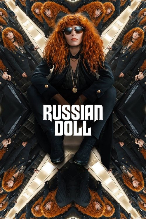 The poster features a striking woman with vibrant red hair and sunglasses, exuding confidence against a kaleidoscopic background of swirling black and gold patterns. The bold text "RUSSIAN DOLL" anchors the composition, evoking mystery and intrigue.