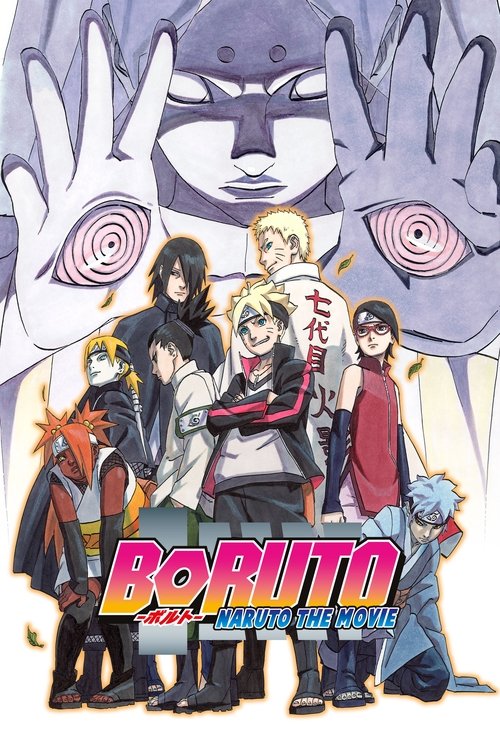 The poster features a vibrant ensemble of characters from the Naruto series, including Boruto Uzumaki and his allies, set against a dramatic backdrop of swirling energy and mystical symbols. The bold, colorful design with dynamic poses and expressive faces conveys an energetic and adventurous moo...