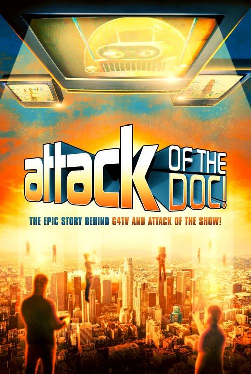 The poster features silhouettes of two figures against a vibrant cityscape bathed in warm sunset hues. The title "Attack of the Doc!" dominates the center in bold, metallic lettering. Above, a futuristic ceiling with glowing lights adds an eerie, sci-fi atmosphere. The overall mood is mysterious ...