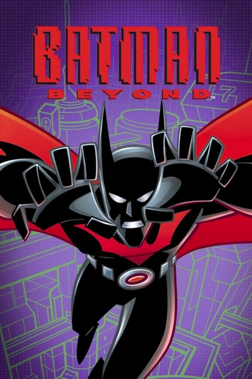 The poster features Batman Beyond in a dynamic pose against a vibrant purple and red background. The character's sleek black suit contrasts sharply with the bold, comic-style typography. The mood is intense and action-oriented, capturing the essence of the superhero's heroic spirit.