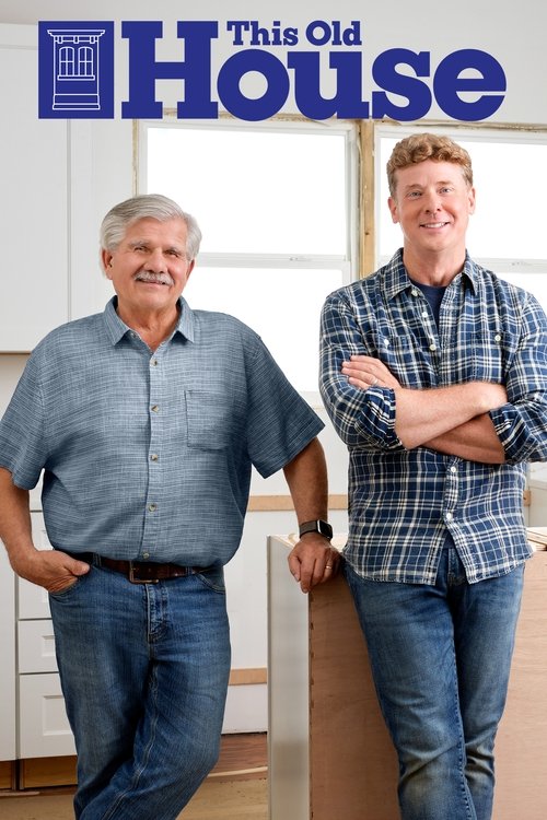 Two men stand proudly in a bright, modern kitchen, exuding confidence and warmth. The blue and white color scheme of the poster reflects their cheerful demeanor. The scene captures a moment of shared pride and satisfaction, inviting viewers to engage with the show's authentic and inviting style.