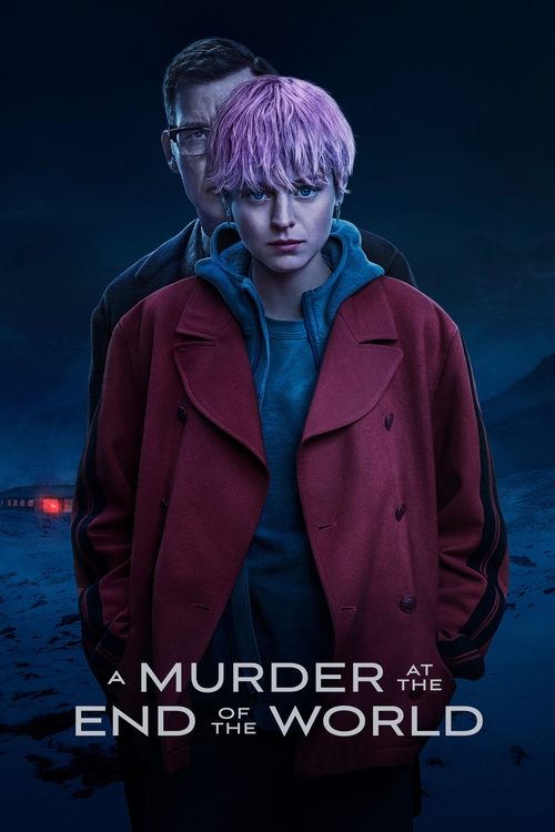 The poster features a striking image of two characters: a man with glasses and a woman with vibrant purple hair, both wearing dark red coats against a moody, dark blue background. The title "A Murder at the End of the World" is prominently displayed in white text at the bottom. The overall mood i...