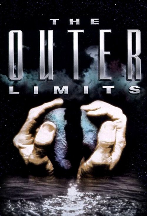 The poster features two hands gripping a glowing orb, set against a dark, cosmic background. The metallic text "THE OUTER LIMITS" dominates the top, evoking a sense of mystery and danger. The overall mood is suspenseful, with cool blues and blacks enhancing the sci-fi atmosphere.
