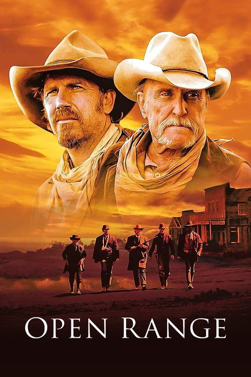The poster features two rugged cowboys in cowboy hats against a fiery sunset, evoking a sense of adventure and camaraderie. Below them, silhouetted figures walk toward a dusty, rustic Western setting, suggesting a journey toward an untamed frontier. The warm, golden hues and dramatic lighting cre...