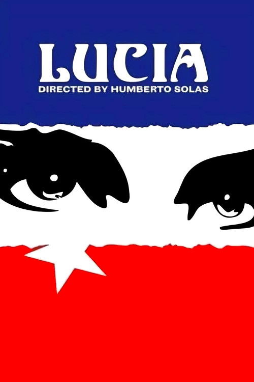 The poster features a striking design with a torn white border revealing two black eyes against a red background, symbolizing mystery and intrigue. The bold blue text "LUCIA" and "DIRECTED BY HUMBERTO SOLAS" convey a cinematic quality, suggesting a dramatic and thought-provoking narrative.
