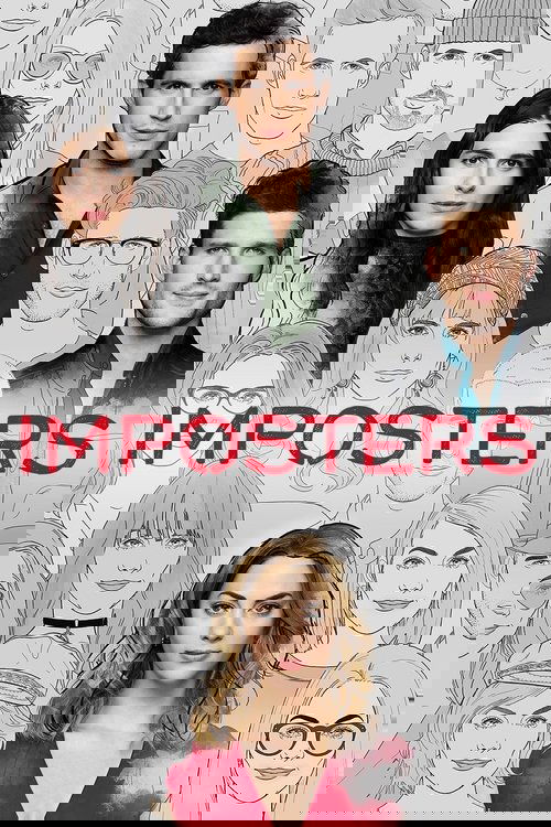 The poster features a collage of diverse characters, each with a unique expression and attire, set against a neutral background. The bold red text "IMPOSTERS" stands out prominently, suggesting themes of deception and social engineering. The overall composition conveys a mysterious and intriguing...